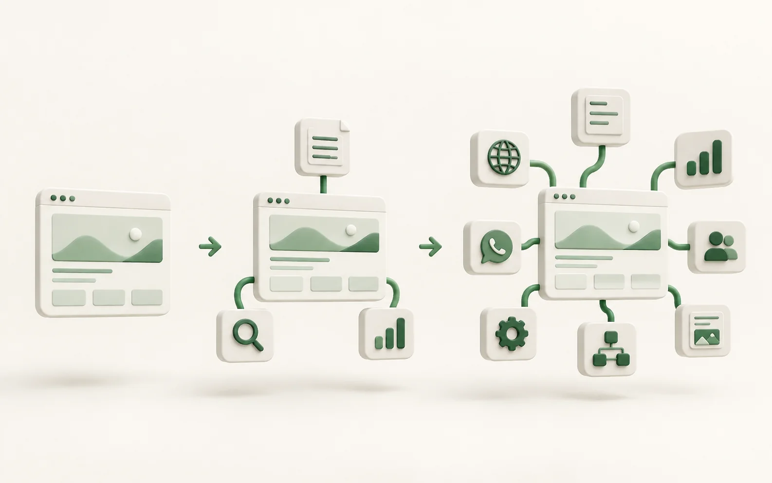 Tres niveles de alcance web, desde presencia básica hasta un sistema comercial con integraciones