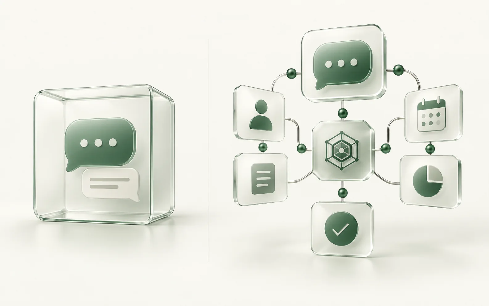 Comparação visual entre um chatbot isolado e uma conversa conectada às ferramentas da empresa